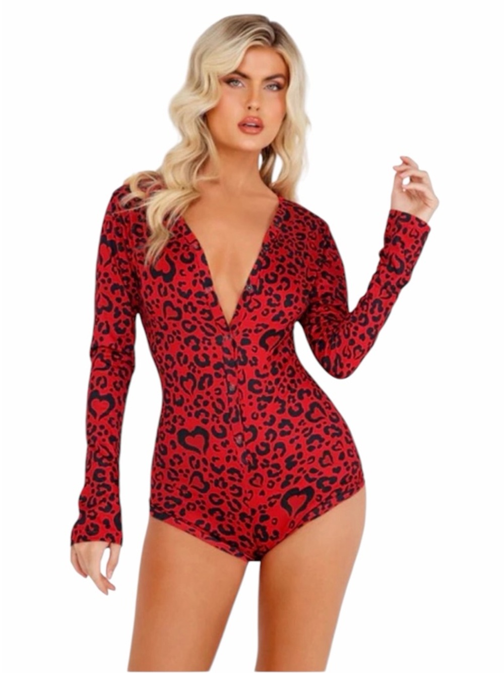 Roma Confidential Red & Black Cozy Heart Shaped Leopard Romper - Size Medium